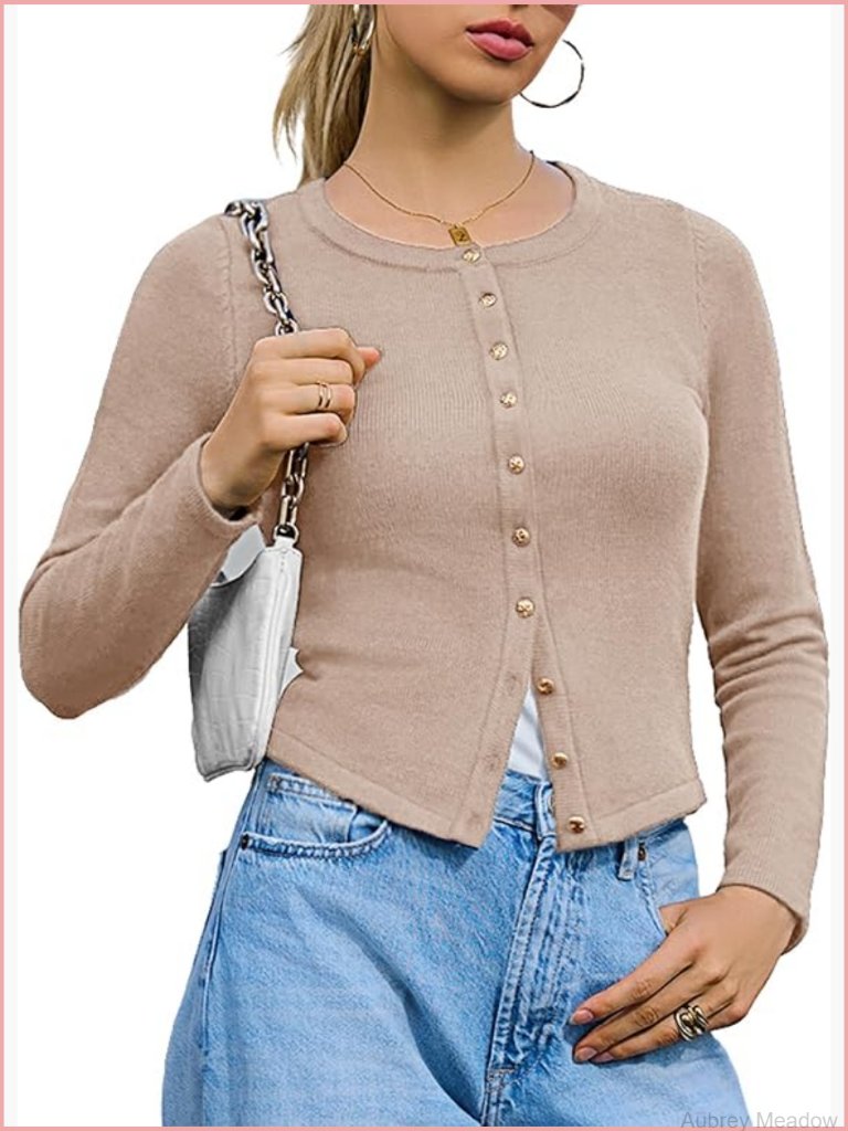 Lightweight Knit Cardigan Sweater With Gold Buttons